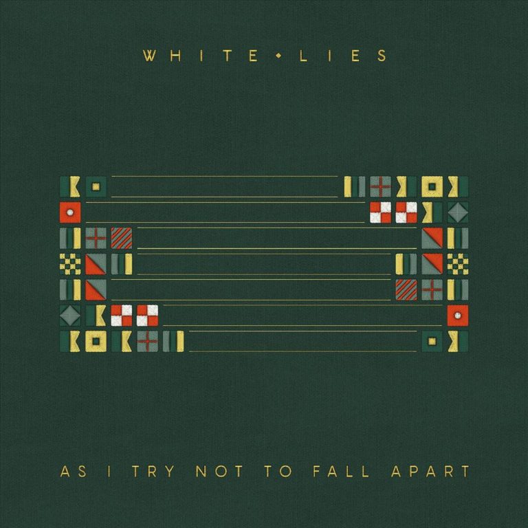 Albumcover von White Lies „As I Try Not to Fall Apart“ mit geometrischem Muster aus farbigen Symbolen auf dunklem grünem Hintergrund – minimalistisch und kryptisch.