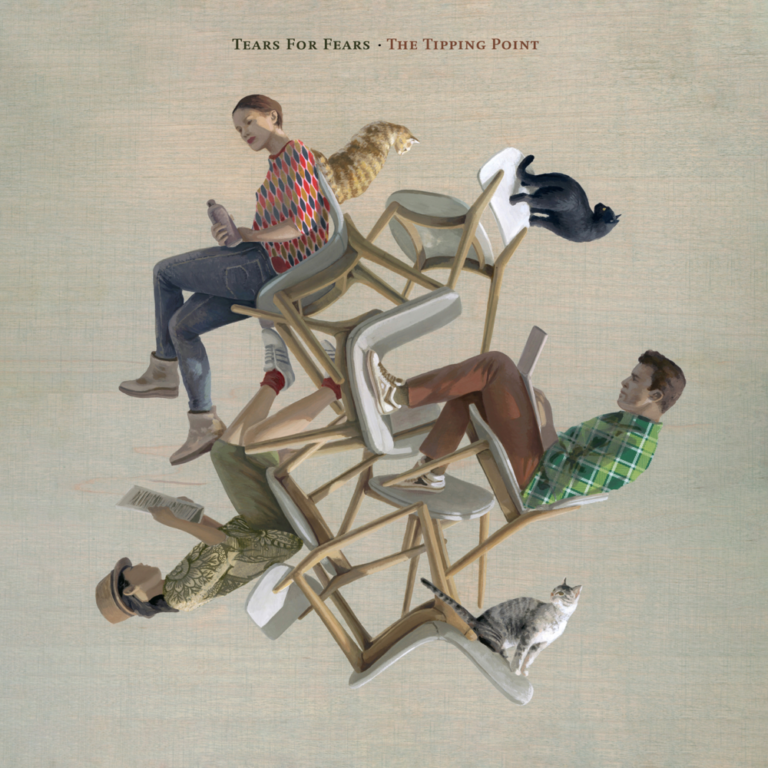Cover des Albums „The Tipping Point“ von Tears for Fears – surreal anmutende Komposition mehrerer Personen auf ineinander verkeilten Stühlen in Schwebeposition, begleitet von Katzen und Vögeln.