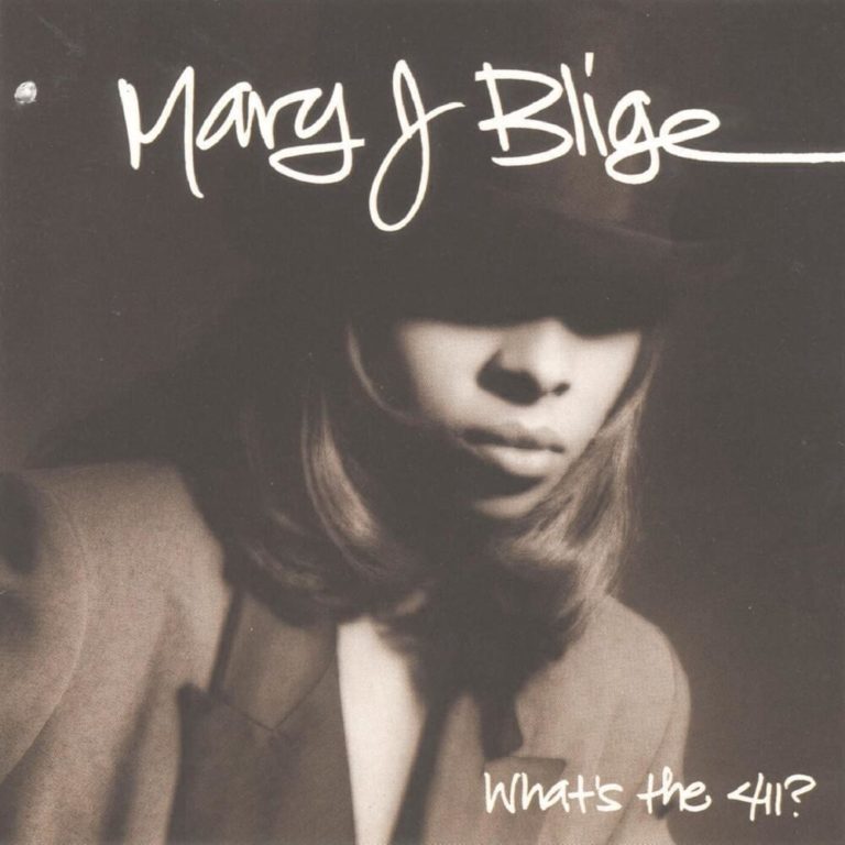 Porträt einer Frau mit Hut und Mantel, Schriftzug Mary J. Blige.