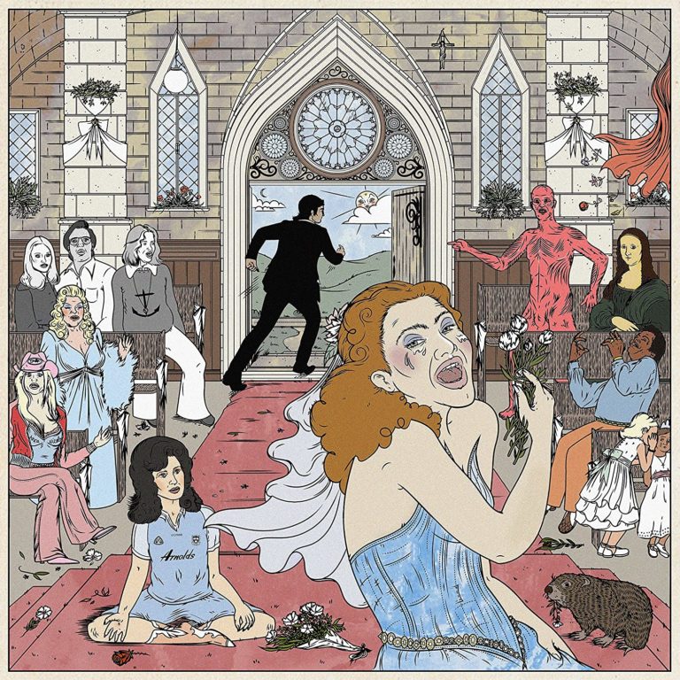 Illustration einer dramatischen Hochzeitsszene: Eine weinende Braut sitzt am Boden, während der Bräutigam davonläuft – umgeben von schrägen Gästen und popkulturellen Figuren.