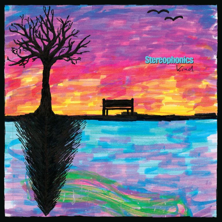 Buntes Cover mit Baum, Bank und Vögeln vor Sonnenuntergang.