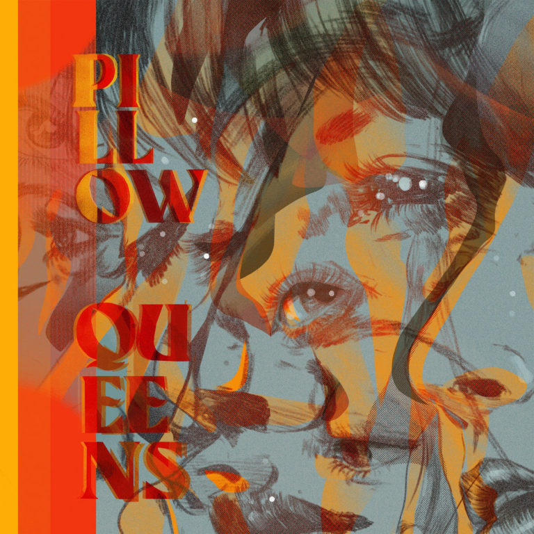 Vier Musikerinnen der Pillow Queens stehen vor einem gemusterten, collageartigen Hintergrund aus warmen Orange- und Grautönen, ihre Gesichter schemenhaft überlagert.