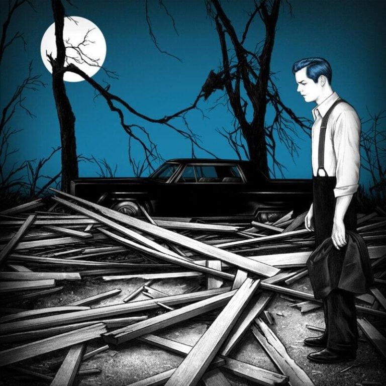 Illustration von Jack White, der im Mondlicht nackt auf einem Haufen zerbrochener Holzbretter vor kahlen Bäumen steht.