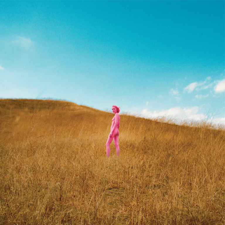 Eine Person in knallpinkem Jumpsuit steht allein auf einem goldenen Hügel unter strahlend blauem Himmel – Cover des Albums „Further Joy“ von The Regrettes.
