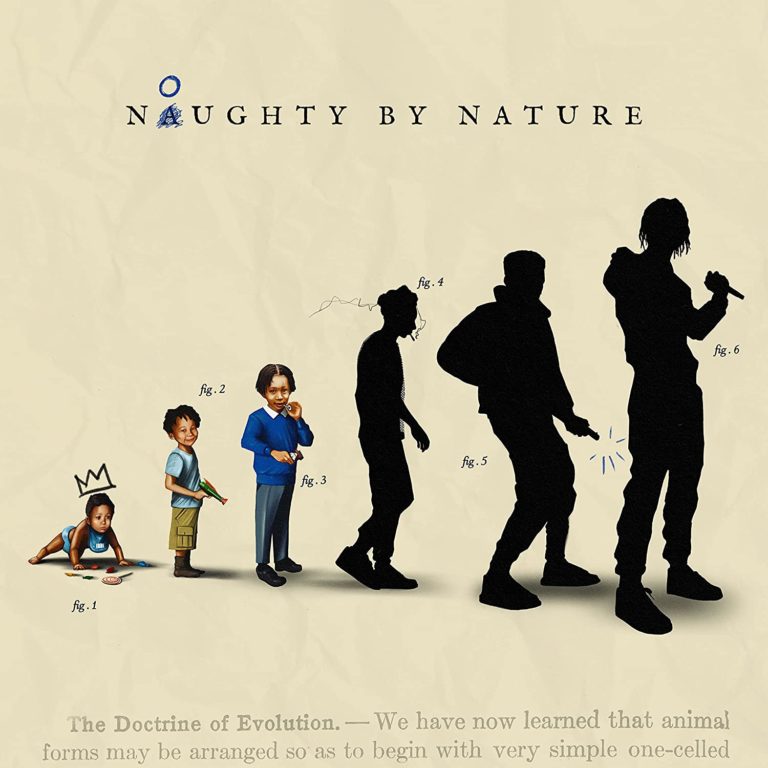 Sechsstufige „Evolution“ von Digga D: von krabbelndem Baby über Schuljunge bis zur Silhouette des Rappers mit Mikrofon vor hellem Hintergrund und handgezeichneten Notizen.