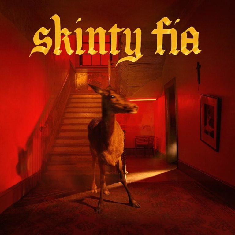 Albumcover von Fontaines D.C.s „Skinty Fia“: Ein Hirsch steht in dramatischem roten Licht auf einer Treppe in einem dunklen Flur.