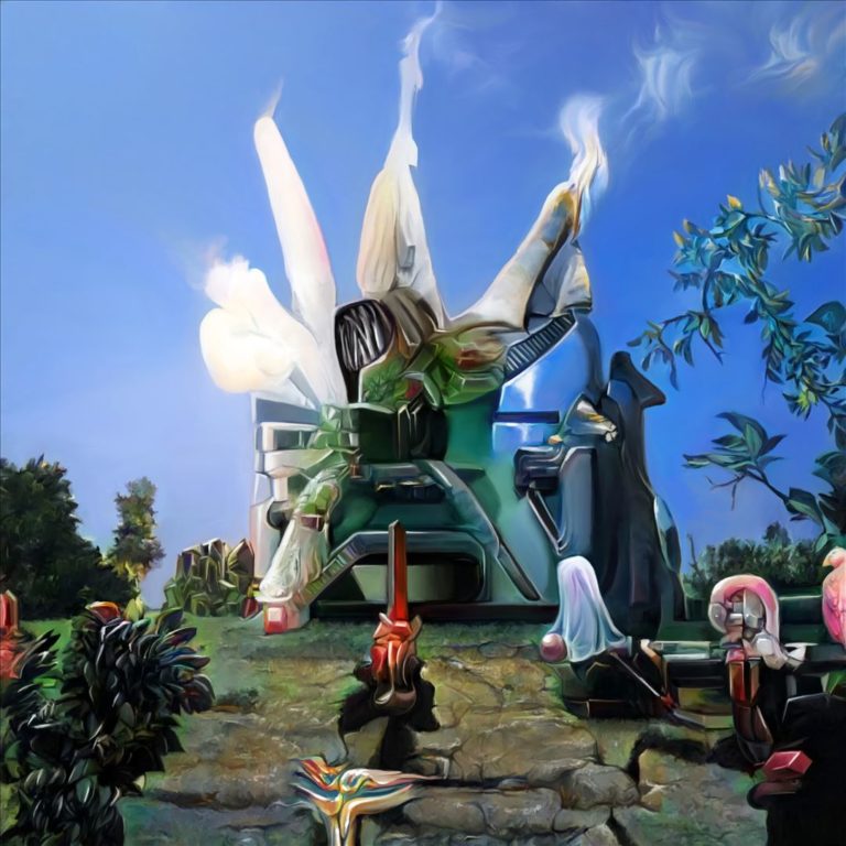 Eine monumentale, skulpturale Maschine aus futuristischen Techno-Elementen steht in einer offenen Landschaft unter blauem Himmel, umgeben von winzigen, surreal wirkenden Figuren.