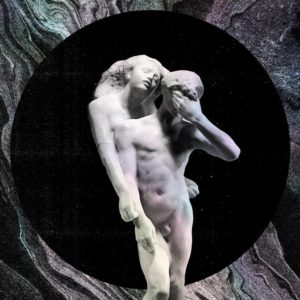 Statue eines sich umarmenden Paares vor marmoriertem Hintergrund mit schwarzem Kreis – Cover des Albums „Reflektor“ von Arcade Fire.