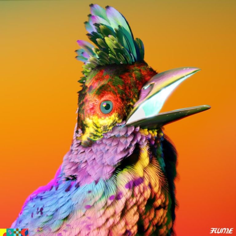 Nahaufnahme eines farbenfrohen Vogels mit einem federigen Kamm, der vor einem intensiven orangen Hintergrund leuchtet. Die Farben des Gefieders sind lebhaft, mit Lila-, Blau- und Rottönen, die einen surrealen, fast digital wirkenden Effekt erzeugen.