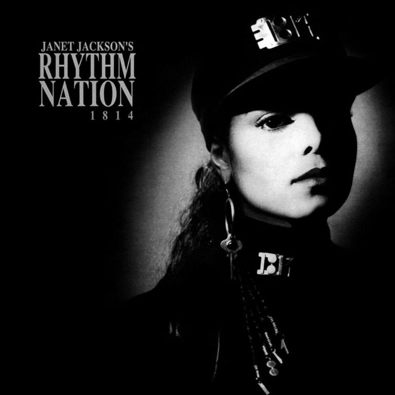 Schwarz-weißes Cover von Janet Jacksons Album Rhythm Nation 1814 mit ihrem Porträt und Titel.