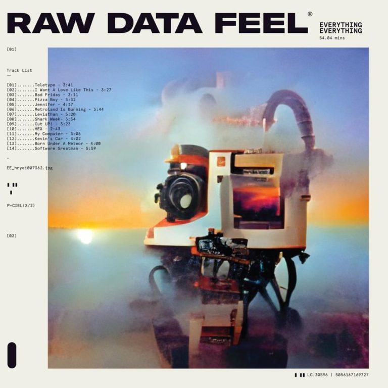 „Everything Everything präsentiert ein futuristisches, surreales Art-Rock-Cover mit einer verschmolzenen Kamera und einem Regenbogen, das die digitale und menschliche Welt symbolisiert.“