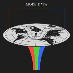 Illustration eines flachen, verzerrten Weltkarten-Gitters, das von einem Trichter durchzogen wird, aus dem rote, grüne und blaue Farbströme nach unten fließen, darüber steht der Albumtitel „MORE D4TA“.