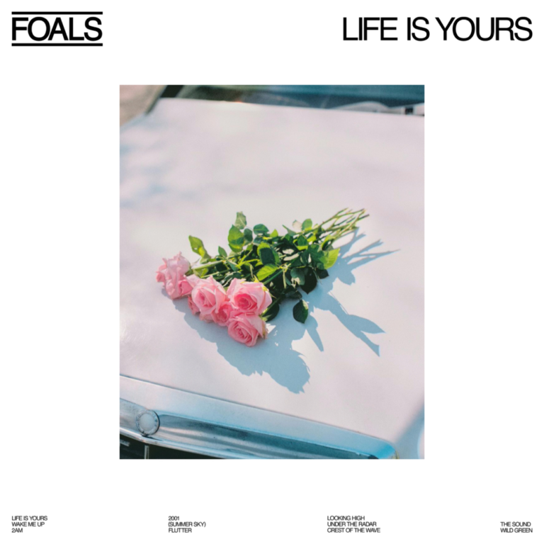 Ein frischer Blumenstrauß mit rosaroten Rosen liegt auf der Motorhaube eines Oldtimers – im weichen Sonnenlicht eingefangen, mit sanften Schatten auf hellem Lack. Das Cover des Foals-Albums „Life Is Yours“ strahlt nostalgischen Sommeroptimismus aus.