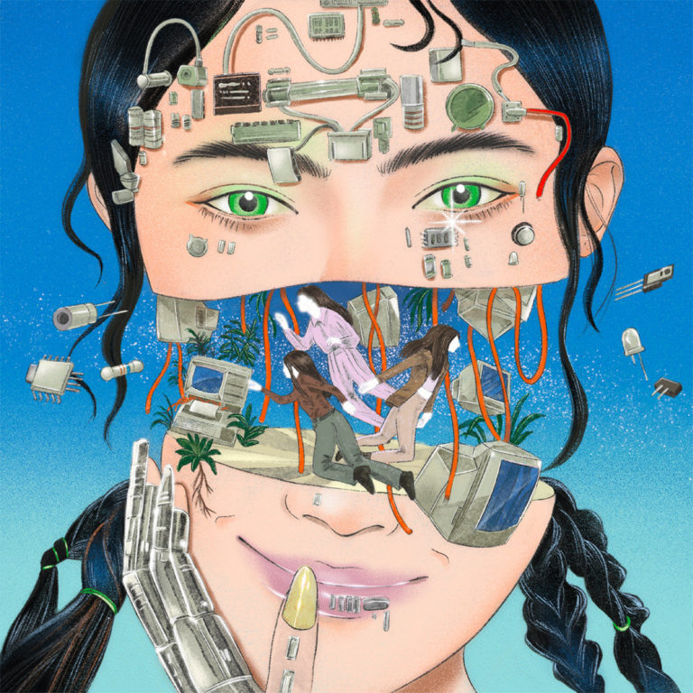 Illustration des Albumcovers „Wow Machine“ von Stealing Sheep: Das Gesicht einer Frau ist geöffnet wie ein Schaltkreis, gefüllt mit Platinen, Kabeln, Tanzfiguren und Retro-Technik. Ihre grünen Augen schauen wach, während ein roboterhaft-metallener Finger die Lippen zum Schweigen auffordert – auf himmelblauem Hintergrund.