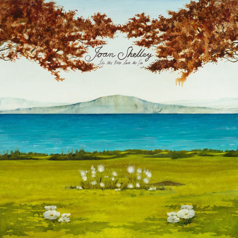 Gemälde einer Landschaft mit blauem Meer, grüner Wiese und blühenden Bäumen im Vordergrund.