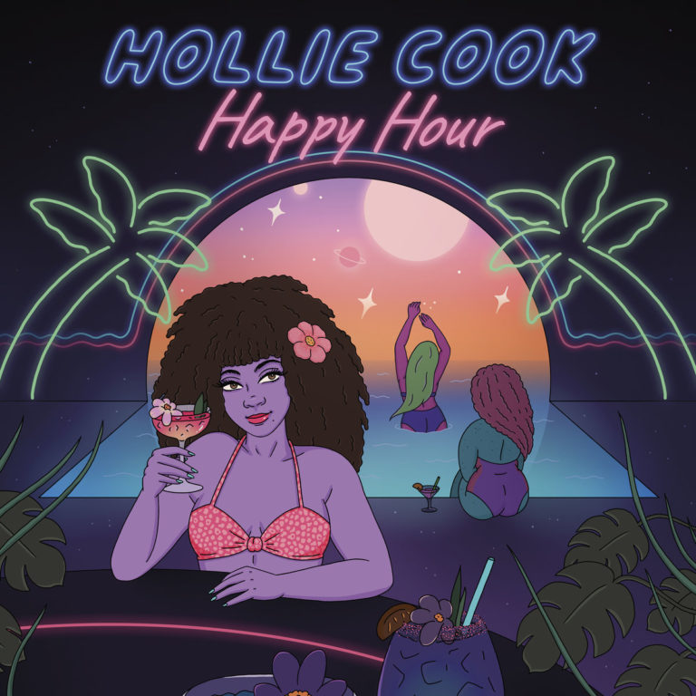 Comic-artiges Cover von „Happy Hour“: Eine violetthäutige Frau mit Blume im Afro genießt einen Cocktail an der Strandbar, während hinter ihr zwei andere Frauen im Sonnenuntergang baden. Neonpalmen und Retro-Ästhetik schaffen eine tropische Reggae-Fantasy.