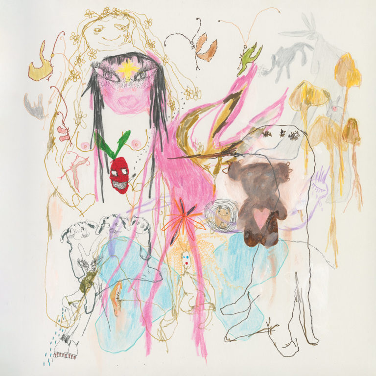 Kindlich-verspielte, bunte Zeichnung mit surrealen Figuren, Herzen, Masken und Tieren – ein Tagtraum in Pastell, roh und zärtlich zugleich.