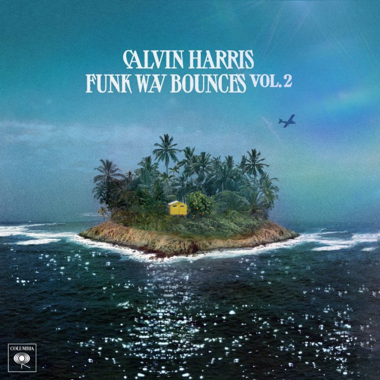 Ein kleines tropisches Inselparadies mit dichtem Palmenbewuchs, einer gelben Hütte und glitzernden Wellen – das Albumcover zu „Funk Wav Bounces Vol. 2“ von Calvin Harris.