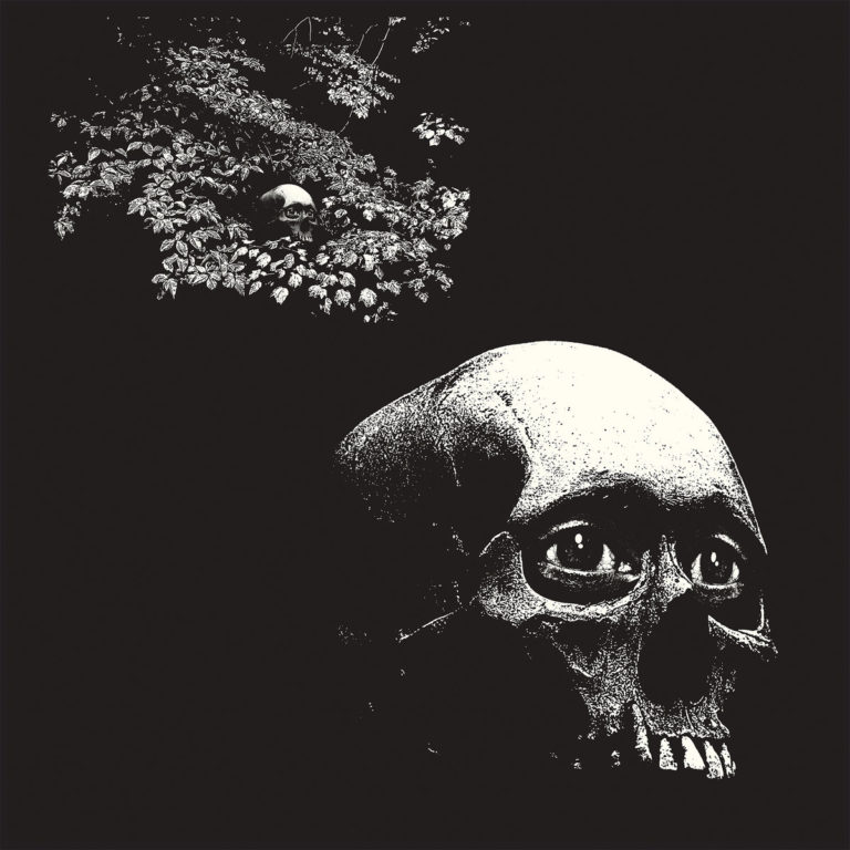 Monochromes Albumcover zu A Foul Form von OSEES: Ein menschenähnlicher Schädel mit großen, comicartigen Augen in Nahaufnahme, darüber ein zweiter, halb von Blättern verdeckter Schädel im Dickicht – beide vor schwarzem Hintergrund.