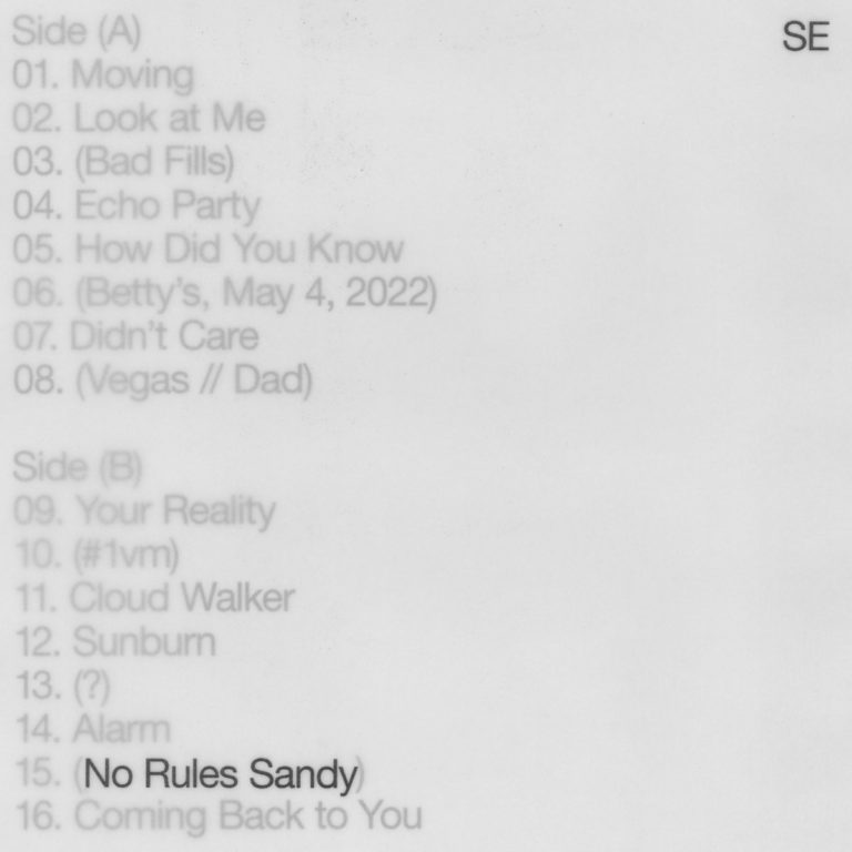 Minimalistisches Tracklist-Cover zu No Rules Sandy von Sylvan Esso: verschwommene graue Songtitel auf weißem Hintergrund, einzig der Titeltrack fett hervorgehoben.