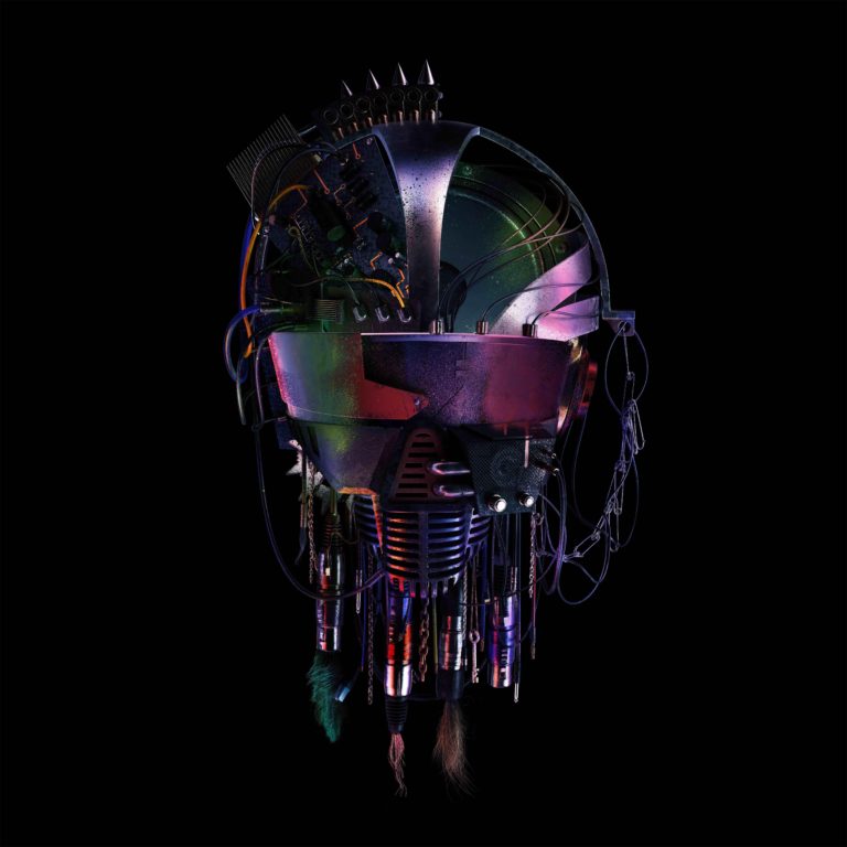 Futuristisches Albumcover zu The Alchemist’s Euphoria von Kasabian: ein cybernetischer Helm, bestehend aus Metallteilen, Kabeln und LED-Reflexen auf schwarzem Hintergrund.
