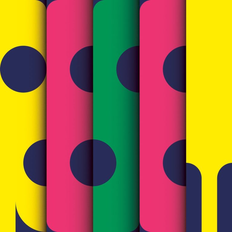 Abstraktes Albumcover zu RESET von Panda Bear & Sonic Boom mit versetzt angeordneten Farbflächen in Gelb, Pink und Grün, überlagert von dunkelblauen Punkten im Retro-Stil.