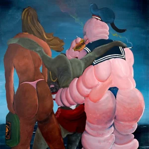 Surreales Gemälde als Albumcover zu Cry Sugar von Hudson Mohawke: drei Comic-hafte, überzeichnete Figuren – muskulös, fleischig, grotesk – stehen mit dem Rücken zur Betrachtung, eine Figur isst einen Burger, während der Himmel düster über ihnen aufzieht.
