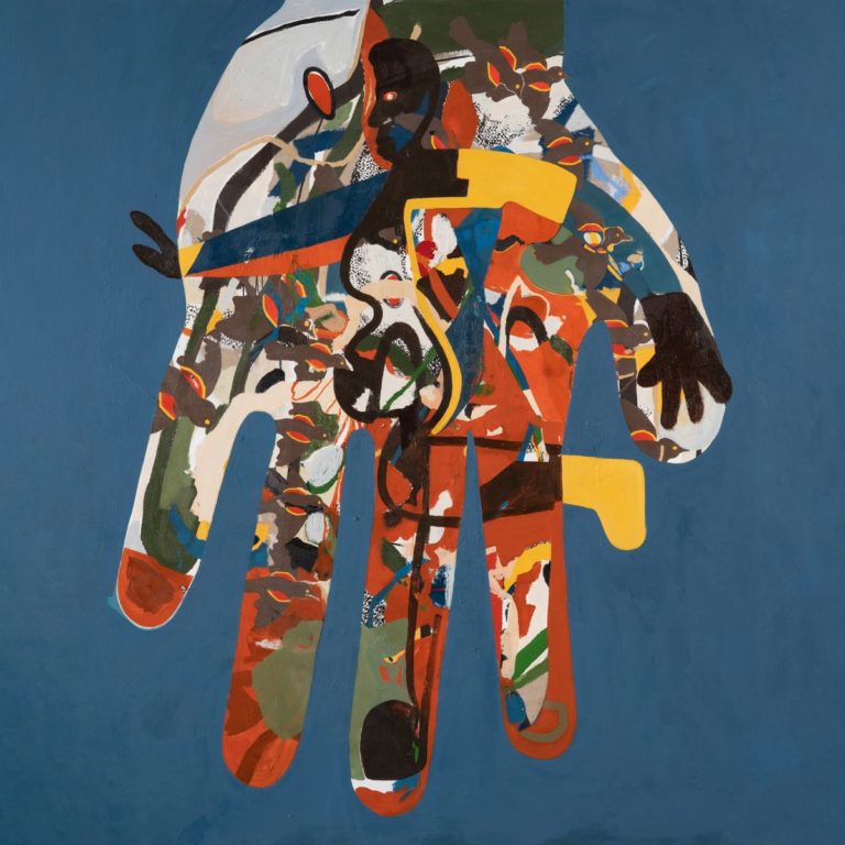 Vor einem satten blauen Hintergrund ist eine riesige, gemalte Handfläche zu sehen, gefüllt mit einem komplexen Gewirr aus farbenfrohen abstrakten Mustern, menschlichen Silhouetten und dynamischen Formen. Eine Figur scheint aus der Fläche hervorzutreten – halb verborgen, halb sichtbar. Das Bild wirkt wie eine visuelle Übersetzung des inneren Chaos, das sich auch musikalisch auf „Freakout / Release“ von Hot Chip ausdrückt: Loslassen, Identitätsfragen, Tanz als Katharsis.