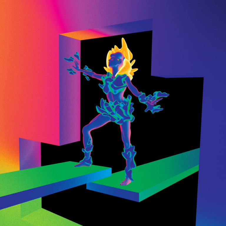 Digitale Illustration einer leuchtend stilisierten Figur mit feurigem Haar und organischen, blattähnlichen Formen auf dem Körper, die auf schwebenden Plattformen in einem surrealen Raum zwischen grellen Farbräumen balanciert. Ein visuelles Echo zur klanglichen Abstraktion des Albums „Let’s Turn It Into Sound“ von Kaitlyn Aurelia Smith.