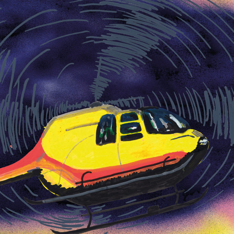 Gezeichnetes Albumcover von Kiwi Jr.s „Chopper“ mit gelbem Hubschrauber vor dunklem Nachthimmel – stilisiert, skizzenhaft, psychedelisch.