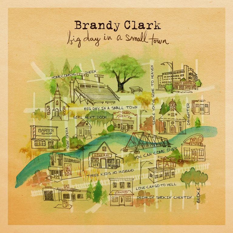 Illustration einer Kleinstadt mit Gebäuden und Straßennamen auf dem Albumcover von Brandy Clark.
