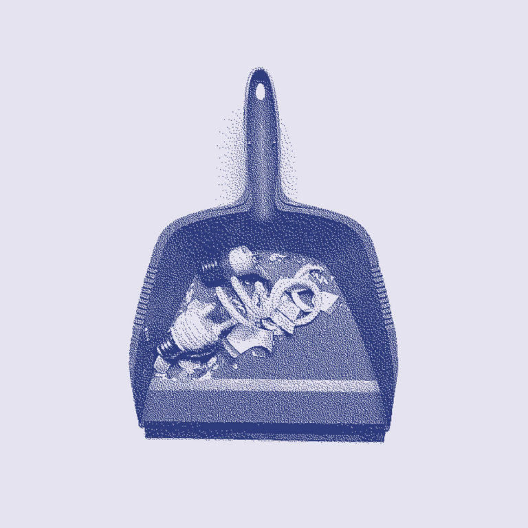 Illustration eines Kehrblechs, gefüllt mit aufgesammeltem Müll wie Kabeln, Birnen und Drähten. Monochromes Punktmuster in Blau auf hellem Hintergrund, reduziert und konzeptuell.