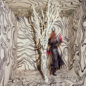 Unscharfe Frau in schwarzem Kleid und roten Handschuhen tanzt in einem surrealen Raum mit psychedelisch gemusterter Tapete und einem weißen, kahlen Baum. Alles wirkt wie Teil einer optischen Illusion.