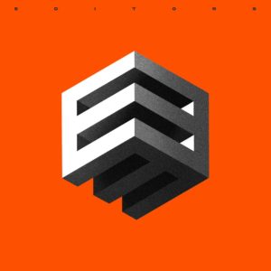 Geometrische 3D-Form in Schwarz-Weiß auf leuchtend orangem Hintergrund, erinnert an ein stilisiertes E aus ineinandergreifenden Balken – minimalistisches, optisch täuschendes Design.