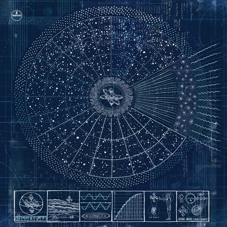 Kosmisches Diagramm in Blau mit Sternenkarten, Wellen, Formeln und astronomischen Symbolen – das visionäre Cover von Hyper-Dimensional Expansion Beam von The Comet Is Coming.