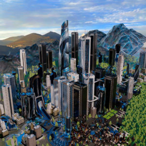 Futuristische, überhöhte Großstadt mit spiegelnden Wolkenkratzern und surrealen Architekturformen, umgeben von Wald und Bergen – Cover des Albums Guitar Music von Courting.