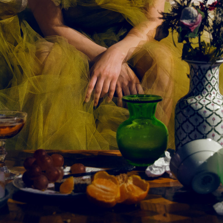 Nahaufnahme einer Person in gelbem Tüllkleid, umgeben von Vasen und Obst auf einem Tisch.