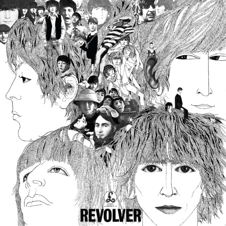 Eine Collage aus schwarz-weißen Zeichnungen und Fotos der Beatles, die ihre Köpfe und Gesichter in fantasievoller Dichte verschmelzen – ein ikonisches Symbol der 60er.