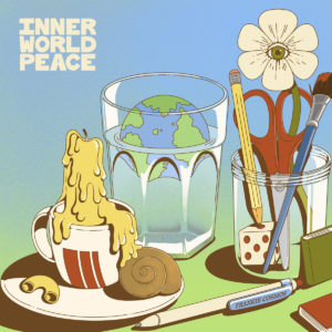 Illustration mit einer Erdkugel in einem Wasserglas, einer tropfenden Kerze, einem Stiftehalter mit Blume, Schere und Würfel – Cover des Albums „Inner World Peace“ von Frankie Cosmos.
