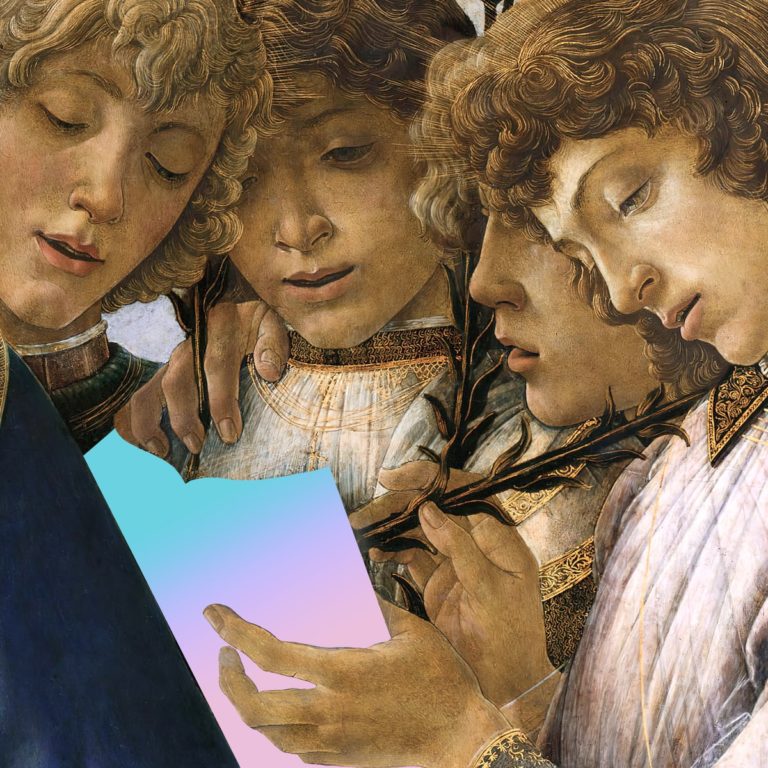 Renaissance-Gemäldeartige Darstellung mehrerer Jünglinge, die ein modernes, farbverlaufendes Buch betrachten – barock trifft Pop-Ästhetik.