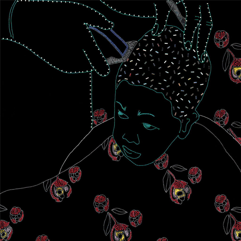 Stickerei-Illustration eines Kindes beim Haareschneiden, auf schwarzem Hintergrund mit floralen Details – kunstvoll, politisch und symbolgeladen.