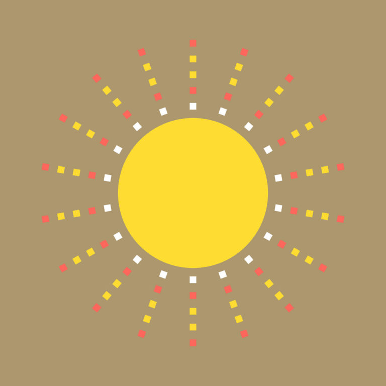 Grafische Darstellung einer gelben Sonne mit radialen Strahlen aus roten, gelben und weißen Pixeln auf beigebraunem Hintergrund – stilisiert und minimalistisch.