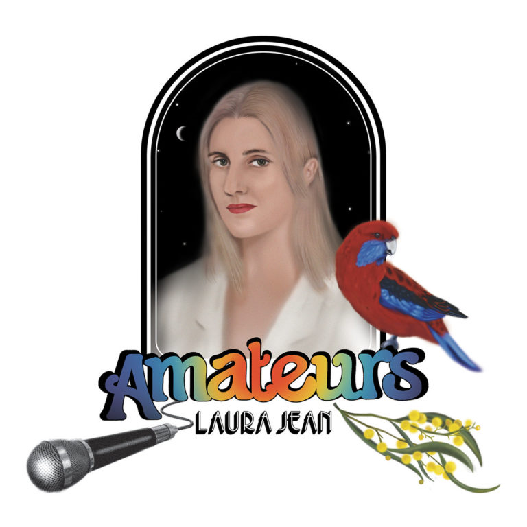 Digitales Porträt von Laura Jean mit Mikrofon, Papagei, Nachtmotiv und Regenbogen-Schriftzug „Amateurs“ – stilisiert, charmant und introspektiv.