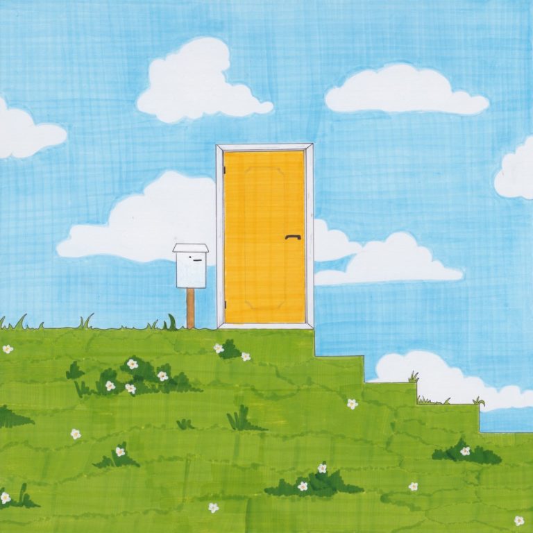 Illustriertes Albumcover mit gelber Tür auf grüner Wiese, weißem Briefkasten und blauem Himmel mit Wolken – minimalistisch, verspielt, träumerisch.