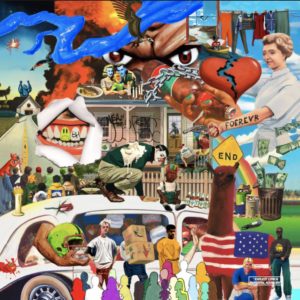 Collagenartiges Cover von The Family zeigt eine vielschichtige Montage aus Szenen amerikanischer Alltags- und Popkultur: ein brennendes Haus, ein wütendes Gesicht, patriotische Symbole, Hip-Hop-Referenzen und cartoonartige Überzeichnungen. Das Bild wirkt überladen, zerrissen und emotional aufgeladen – eine visuelle Metapher für Abschied, Identitätsbruch und Gruppendynamik.