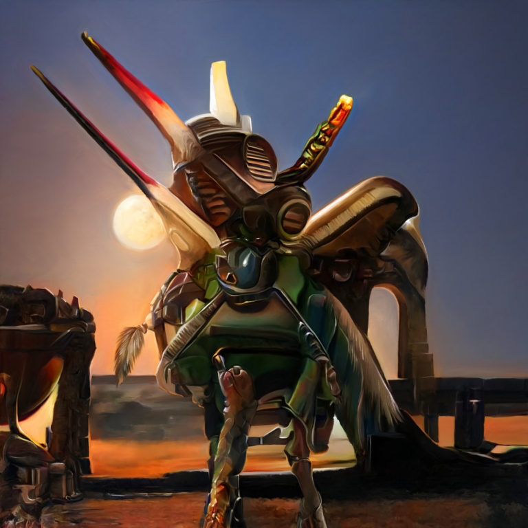 Ein futuristisch-surrealer Roboter oder Maschinenwesen steht bei Sonnenuntergang auf einer rötlich leuchtenden Plattform. Im Hintergrund: eine große helle Mondscheibe, Ruinen-Architektur und eine traumartig leere Landschaft. Das Wesen scheint sowohl archaisch als auch außerirdisch, wie ein Symbol für das Unerklärliche.