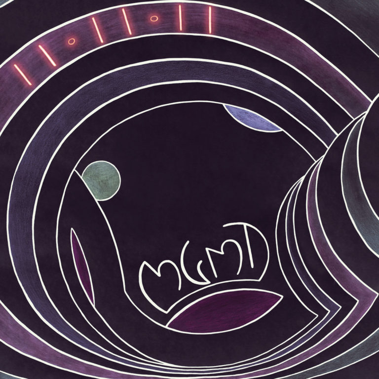 Abstraktes Cover in dunklem Violett mit geschwungenen Linien, Neon-Akzenten und kreisförmigen Formen. Der MGMT-Schriftzug ist handgezeichnet inmitten eines Strudels aus Linien und Farben, der an ein digitales Wurmloch oder ein galaktisches Auge erinnert – minimalistisch, psychedelisch, futuristisch.