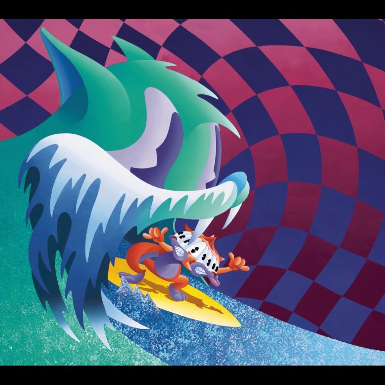 Buntes Coverbild mit einem surfen Charakter, der auf einer Welle reitet, umgeben von geometrischen Mustern.