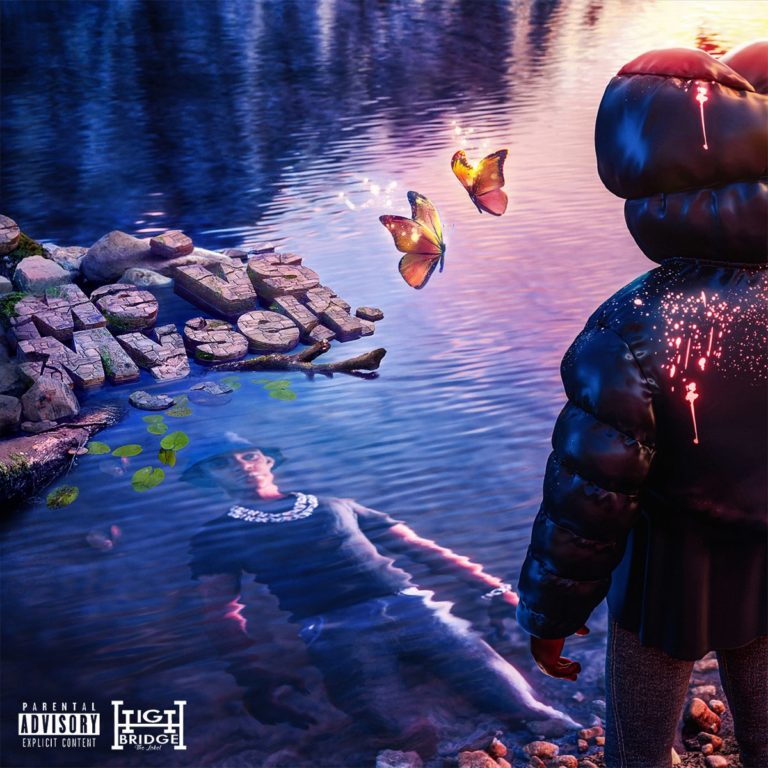 Cover des Albums „Me vs. Myself“ von A Boogie Wit Da Hoodie: Eine schimmernde Wasseroberfläche spiegelt den Künstler, während leuchtende Schmetterlinge und Felsbuchstaben am Ufer zwischen Traum und Selbstzweifel schweben.