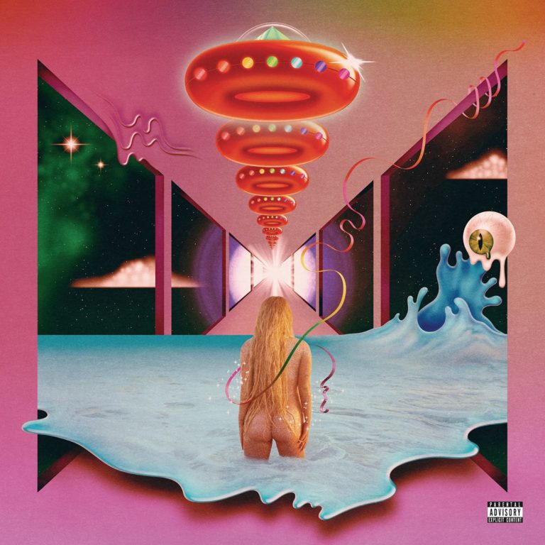 Das Albumcover zu Rainbow zeigt Kesha von hinten, nackt im Wasser stehend, vor einem surrealen Tunnel aus Licht, Farben, UFOs und kosmischen Symbolen.